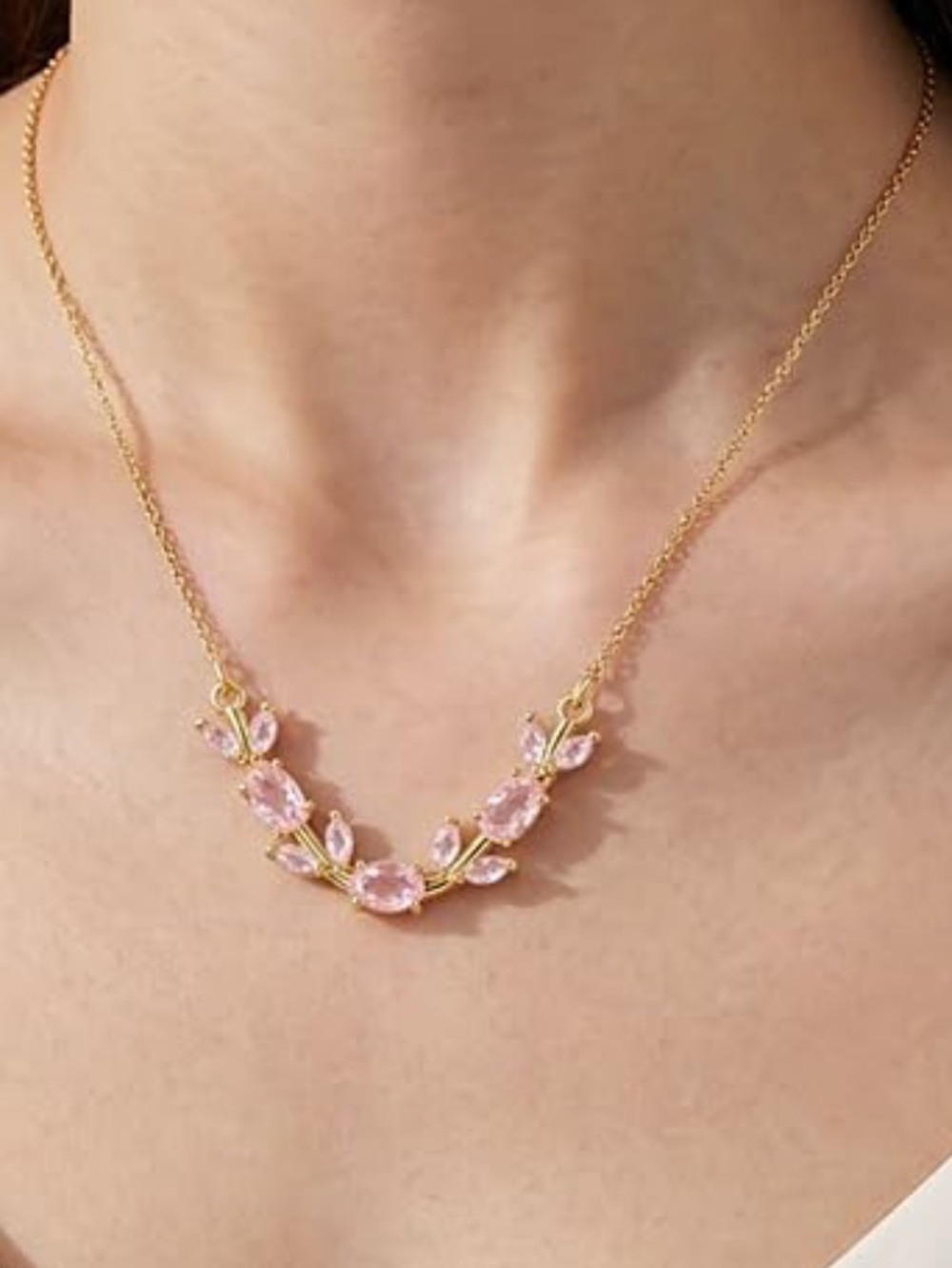 Necklace-  Baby Pink Stones  Stainless Steel Gold Tone  Pendant Zirconia Stone N